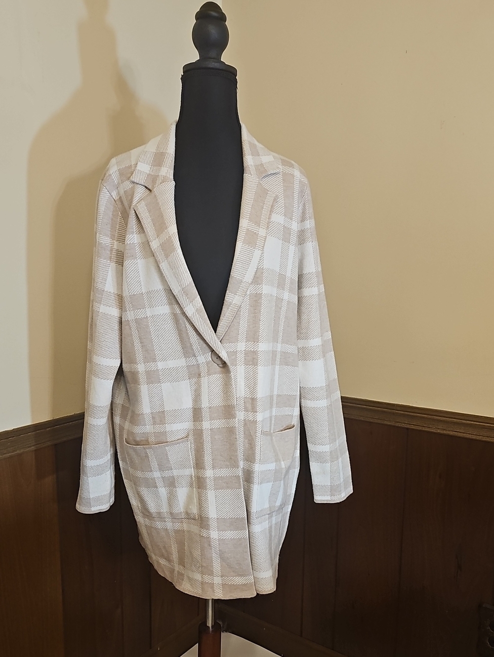 Christian Siriano New York Plaid Knit Blazer Cardigan Beige White Size L